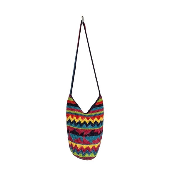 Crochet Shoulder Bag Zigzag Fish Patterned Colorful Long Strap Boho Hippie - Picture 9 of 16